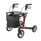 SERVER Aluminium Lightweight Rollator in red with ergonomic handles and a spacious basket for easy transport.